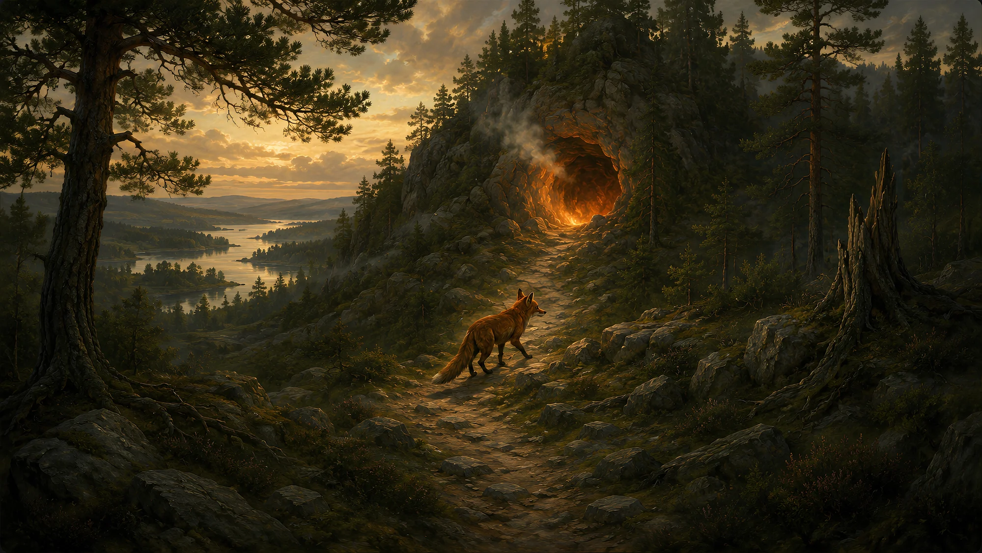 A fox on a forest path approaching a glowing cave at dusk, a river valley below