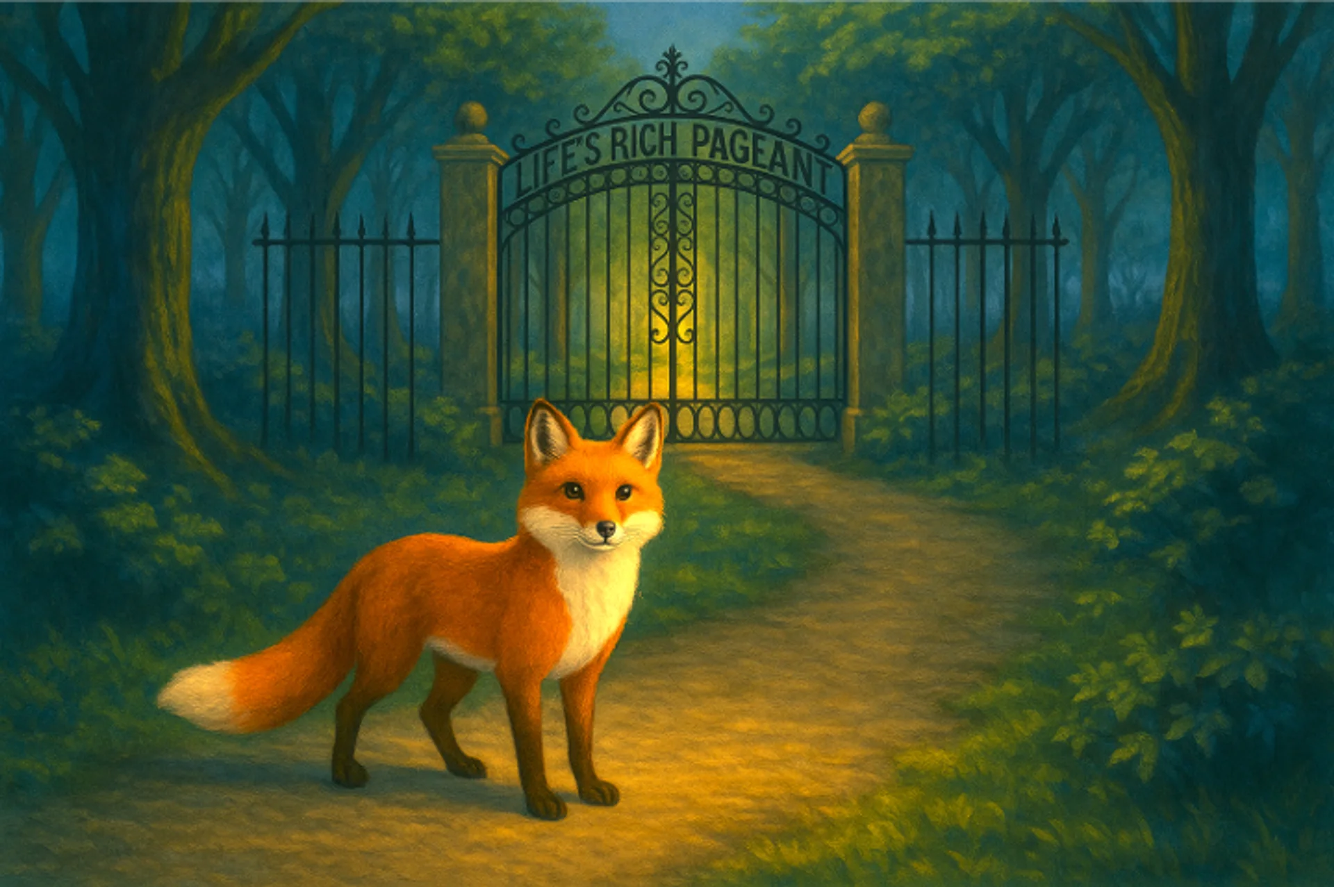 A fox before the Life's Rich Pageant gate, bathed in golden light