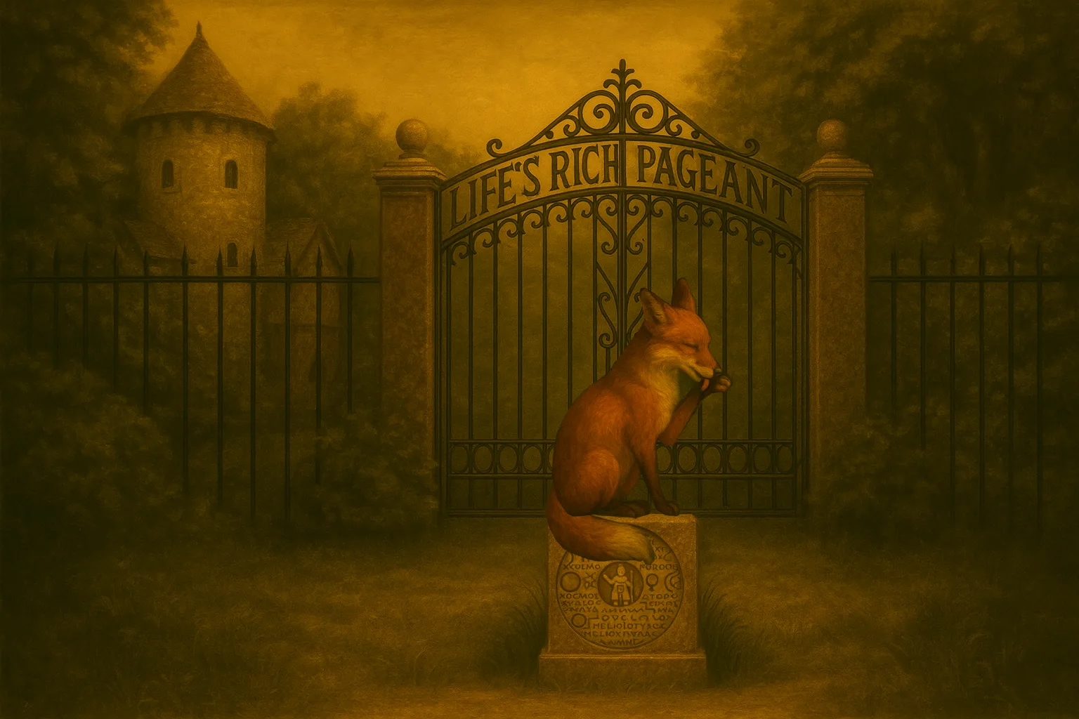 A fox keeping watch before the gate