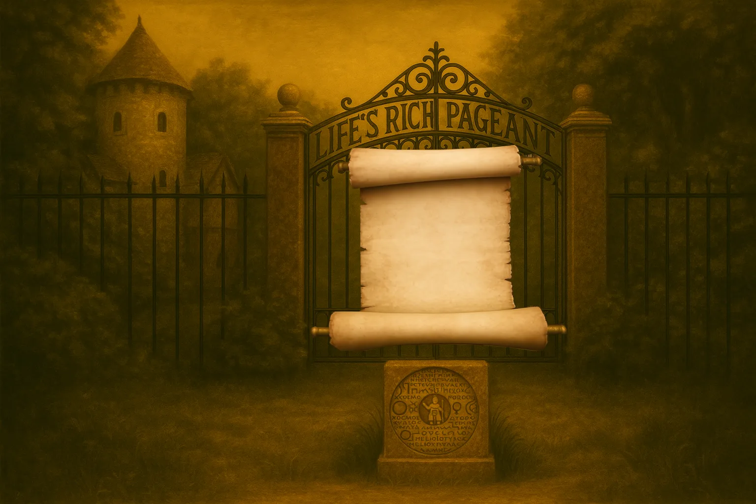 A blank scroll before the Life's Rich Pageant gate